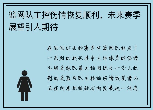 篮网队主控伤情恢复顺利，未来赛季展望引人期待