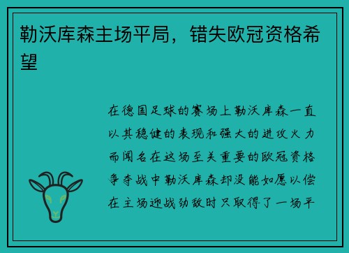 勒沃库森主场平局，错失欧冠资格希望
